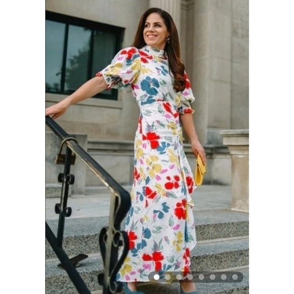 RIXO x Target Midi Dress Size 0 Floral Mock Neck Cascade Ruffle Colorful Artsy